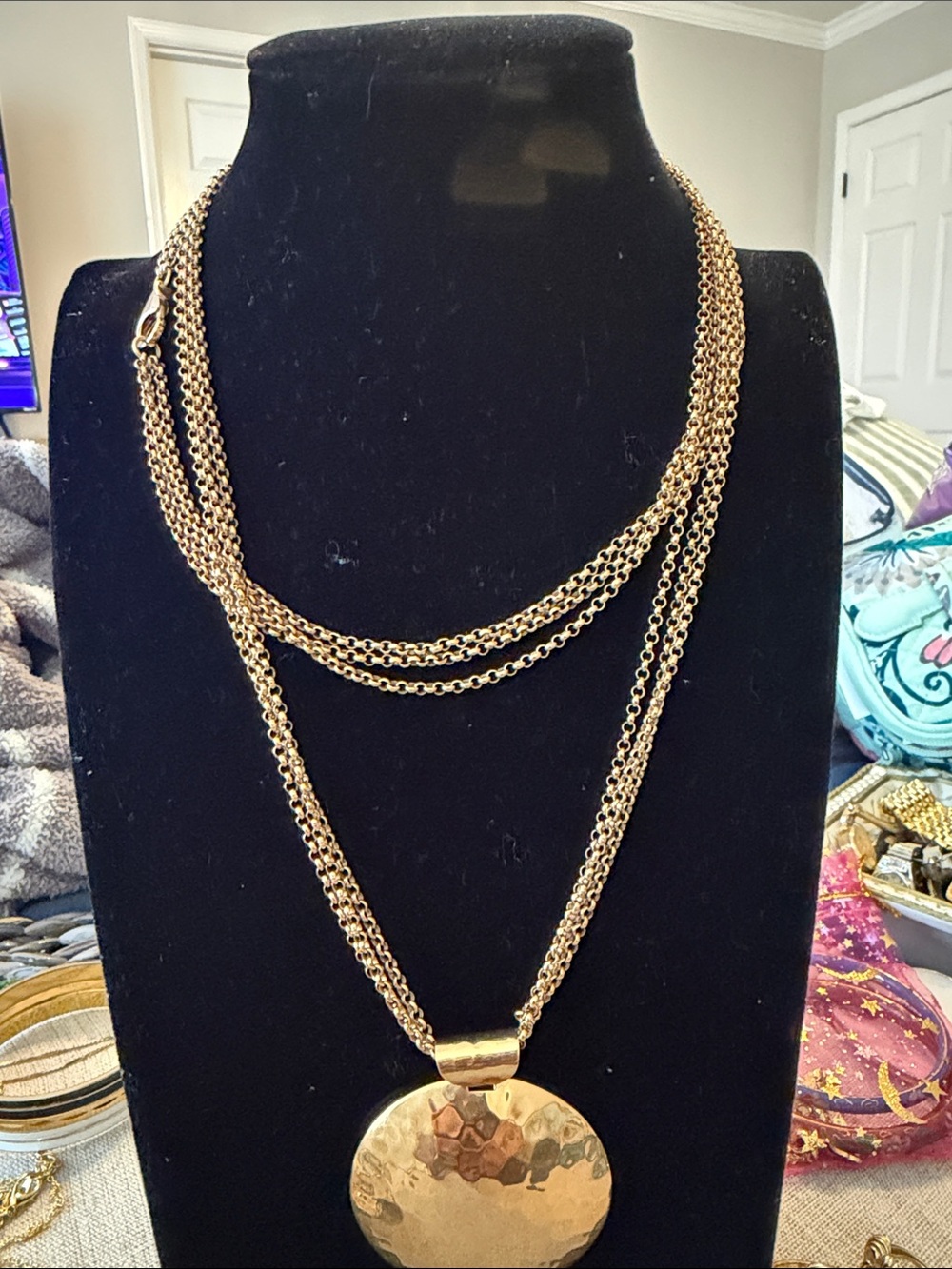 Milor Gold Layered Chain Necklace with Hammered Disc Pendant
